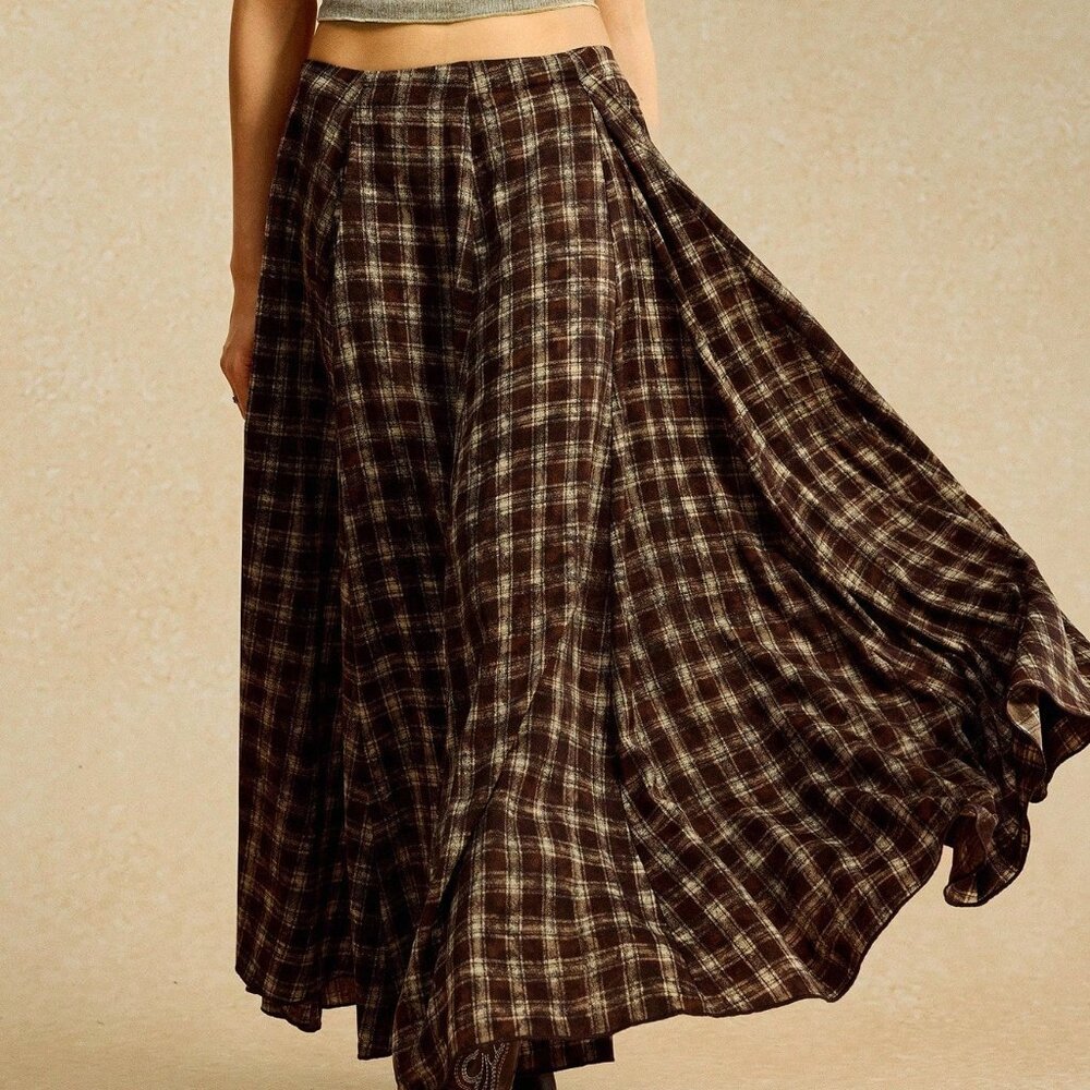 Mocha Brown Casual Women's Long Loose Plaid Skirt - Picture 3 of 8